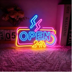 LED Neon Light, Dimmable Colourful Neon Sign with USB Connection, Lettering Neon Light Sign for Wall Decoration, Wedding, Birthday, Bar, Party (Open 24 h)