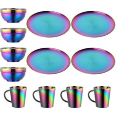 Plate and Bowl Sets, Stainless Steel Dinnerware Bowls Cups Kitchenware Set Service for 4 (Rainbow, 23cm Plates/5.1