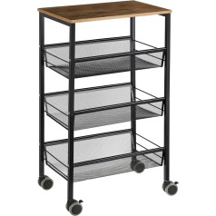 4 Tier Shelf Trolley with Wooden Top, Kitchen Trolley, Serving Trolley Made of Metal, W 44 x D 29 x H 76.5 cm Shelf on Wheels for Kitchen, Bathroom, Living Room, Office (Black)