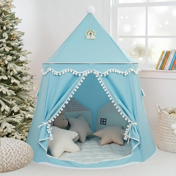 The Original Play Tent for Children, Breathable Cotton and Hemp | Prince Castle with Fibreglass Poles, Bag, Mat and Decoration | Sturdy Teepee Boys Indoor (Sky Blue, with Accessories)