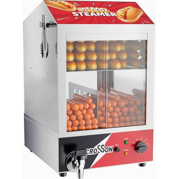 CROSSON Hot Dog Steamer, 42L, 2-Tier Hot Dog Hat Steamer, 175 Hot Dogs and 50 Bun Bun Capacity Bun Warmer with Visible Sliding Tempered Glass Doors