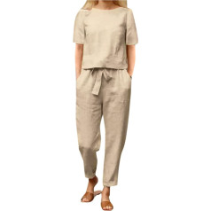 2-Piece Trouser Suit Women's Top and Long Wide Leg Trousers, Trousers Suit Lounge Loose Leisure Suit with Drawstring Crew Neck Tracksuit Breathable Lightweight Muslin Set Solid Y2K Festive