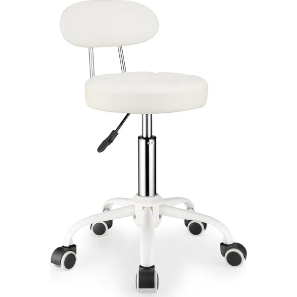 Fnzir Swivel Stool on Wheels, Height Adjustable, Rolling Stool with Backrest, PU Leather Seat Cushion, White
