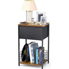 Zqiliboyi Bedside Table, Bedroom, Side Table, Bedside Table with Fabric Drawers, Bedside Shelf with Bookcase, Metal Frame, Bedside Table for Mobile Phone, Book, Plant, Brown