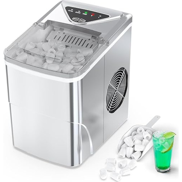 FZF Mini Portable Ice Cube Machine, 15 kg/24 Hours, Compact Ice Cube Maker Machines, Worktop, 6 Minute Quick Ice Machine, Self-Cleaning Ice Maker for Home, Silver