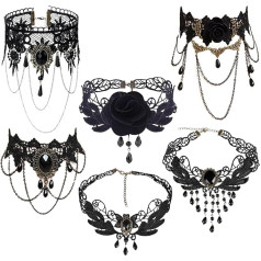 BDSHUNBF Pack of 6 Gothic Necklaces, Black Lace Chain, Gothic Choker, Lolita Costume Accessories, Vintage Collar Victorian Jewellery, Lace Choker Gothic for Halloween, Carnival, Masquerade, NO