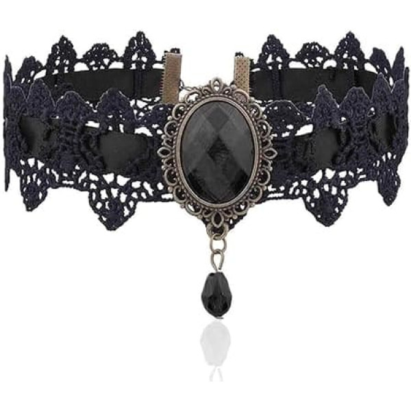 AFCJLTO Gothic Women's Choker with Lace, Tassel and Crystal Pendant - Retro Necklace for Halloween, Fancy Dress and Carnival - Black, Gothic Punk Tattoo Style - 1 Piece, Metal