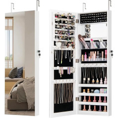 COSTWAY Hanging Jewellery Cabinet, 2 in 1 Wall Mirror & Jewellery Organiser, Mirror Cabinet Lockable, Vanity Cabinet with 2 Mirrors, Door/Wall Mounting, Adjustable Hooks (White)