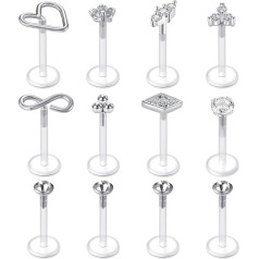 Crdifu Bioflex Lip Piercing Labret Stud Set Flexible Plastic 6/8/10 mm Lip Helix Piercing Retainers 12pcs