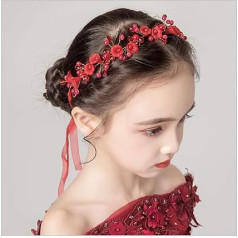 IYOU Princess Red Flower Headpiece Pearl Hair Dress Crystal Bridal Wedding Hair Accessories for Flower Girls