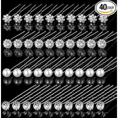 Pack of 40 Wedding Bridal Hair Pins Silver Pearls Rhinestone Hair Accessories Crystal Flower Wedding Bridal Jewellery Women Girls Communion Hair Accessories