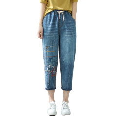 Yowablo Trousers Jeans Women's Casual Comfortable Literary Embroidery Elastic High Waist Cut