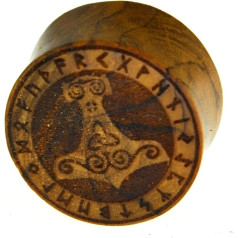 Flesh Wood Plug Mjölnir Viking Celtic Triskele Thor's Hammer with Rune Ring, Double Flared Tunnel Expander Stretcher Made of Teak Wood in Brown, Unisex Lobes Piercing Laser Engraving, 10 mm - 20 mm