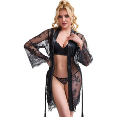 ohyeahlady Kimono Women's Lace Sexy Negligee Set Large Sizes Babydoll Dressing Gown Bridal Bathrobe Japanese Lingerie Bride Sleepwear Transparent Nightdress with Belt G-String