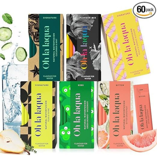 Oh la laqua - 6 Reasons Why - 60 Sticks - Water with Flavour - No Sugar - No Sweetener - 30 L Infused Water - 6 Flavours - 100% Natural - Vegan