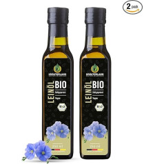 Kräuterland Organic Linseed Oil 2 x 250 ml (500 ml), Organic Linseed, Cold Pressed, Mild and Nutty, Rich in Lignans and Omega 3-6-9 Fatty Acids, Natural without Additives, Glass Bottle, Mill Fresh