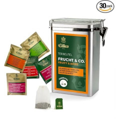 FRUCHT & CO. TEE Premium Aroma Tin with 5 Varieties Eilles Deluxe Tea Bags, 30 Servings Total, Resealable Tin with Crystal Lid
