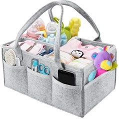 Baby Nappy Caddy Organiser, Baby Changing Bag Felt with 3 Compartments, Removable Dividers, Baby Changing Bag Felt Storage Box, Baby Wipes, Bib, Shower Gift Basket (Grey)