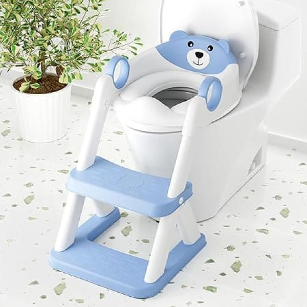Toilet Seat Potty Training Seat for Toddlers, Improved 2 in 1 Potty Training for Boys and Girls, Waterproof Padded Mat with Non-Slip Step Stool