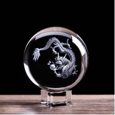 60mm Chinese Zodiac Dragon Figurines 3D Laser Engraved Crystal Ball Glass Marbles Globe Home Art Dragon Ball and Base