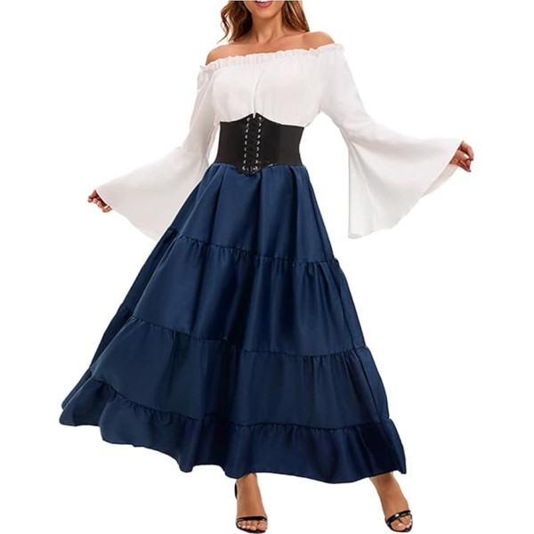 MNRIUOCII Mittelalter Kostüm Damen Renaissance Viktorianisches Kleid mit Ausgestellten Ärmeln Gothic Retro Kleider Maxikleid mit Gürtel Piratenkleid Schulterfrei Abendkleid Halloween Party Kostüm
