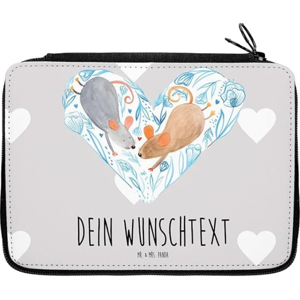 Mr. & Mrs. Panda Personalised Pencil Case Mice Heart – Personalised Gifts, School Enrolment, Gift, Student, Pencil Case with Name, Student, Grey Personalised, Hand Drawn