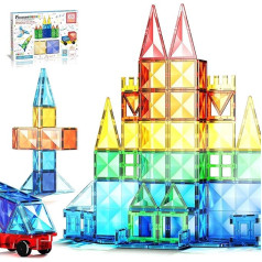 PicassoTiles Magnetic Diamond Shape Building Blocks 63 Pieces - Tile Blocks with Car and Truck - Set D