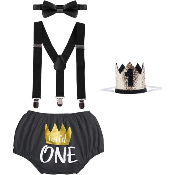 IBAKOM Baby Boy 1st/2nd Birthday Clothes Cake Smash Outfit Photo Shoot Bloomer Shorts + Braces + Bow Tie + Headband / Prince Crown / Hat 4 Pieces Gentleman Photography Set