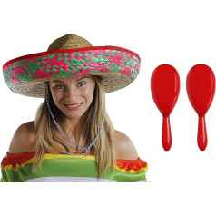 Mexican Sombrero Straw Hat with Maracas - Perfect for Mexican Parties, Fiesta, Costume Parties, Hats (3 Red Green Hats + Matching Maracas)