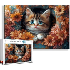 Puzzle Katze Blume 5000 Teile Groß XXL 156 x 105 cm, Jigsaw Art Impossible Erwachsene Anspruchsvoll, DIY Klassische Jigsaw Erwachsene, Junge, Mädchen, Geschicklichkeitsspiel für Die Ganze Familie O-3
