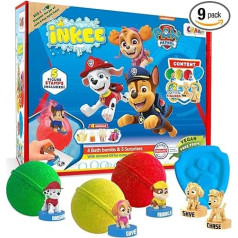 INKEE Geschenkbox PAW PATROL - Box mit 4 Kinder Badebomben mit Mandelöl, enthält 5 verschiedene Paw patrol Figuren zum Sammeln - Badekugeln Kinder mit Überraschung
