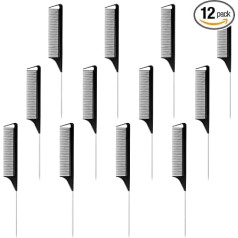 Pack of 12 Fine Tooth Hair Comb Hairdresser Comb Set Handle Comb Stainless Steel Carbon Fibre Rat Tail Comb Handle Comb Tail Comb Separation Comb Heat Resistant Combs Hair Styling Salon