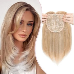 S-noilite Hair Toppers for Women, Toupee Toppers, Hair Extensions, Wigs with Fringes, Hair Topper Base, 15 x 15 cm, Clip-In Hair Pieces, Straight, 35 cm, 120 g, Mixed Blonde to White Root