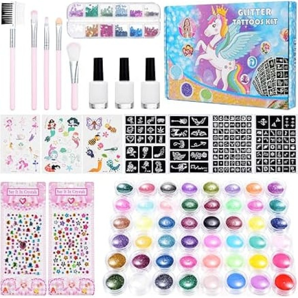 Bestauty Children's Glitter Tattoo Set, 48 Colours Including 36 Glitter Colours, 12 Luminous Colours, 12 Sequin Dyes, 130 Tattoo Stencils, 215 Rhinestones, 3 Cartoon Tattoo Stickers, Gifts for Girls