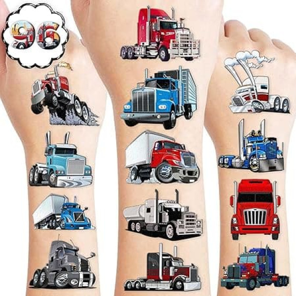 8 Bögen (96 Stück) Semi Truck Temporäre Tattoos Thema Geburtstag Party Dekorationen Supplies Gastgeschenke Dekor Aufkleber für Kinder Jungen Mädchen Geschenke Klassenzimmer Schule Preise Belohnungen