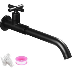 Cold Water Tap Wall Mounted Brass Black G1/2 Tap Garden Long 360° Rotatable Kitchen Sink Mixer Tap Cold Water Washbasin Tap with Cross Handle for Mop Basin Laundry Pool