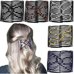 5 Pieces Elastic Magic Hair Comb, Stretchy Double Comb, Hair Forks Clips for Women and Girls, Vintage Hairstyle, Multipurpose Hair Accessories (Silver, Black, Coffee, Gold, Blue)