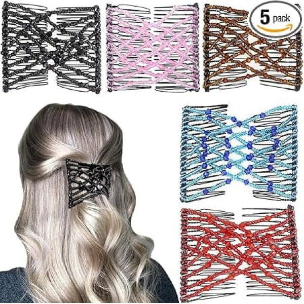 Elastic Magic Hair Comb Stretchy Double Comb Hair Clips for Women and Girls Vintage Hairstyle Multipurpose Hair Accessories (Black, Coffee, Pink, Red, Blue) 5 Pack