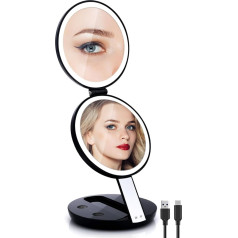 Travel Makeup Mirror with Lights, 1X/7X Compact Rechargeable Cosmetic Mirror, Adjustable Five Brightness Levels and Height, 4.5 Inch Portable Folding Mirror with Type-C Charging Cable and