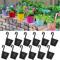 ARTKETTY Hanging Flower Pots with Drainage Hole, 13 cm, 12 Pieces, Large Metal Hanging Planters with Removable Hook, Garden Flower Vase Bucket for Indoor Outdoor Home Decoration, Black
