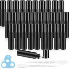 BOSMIOW 30 x 10ml Matte Black Frosted Glass Essential Oil Bottles with Stainless Steel Roller Ball 2 Openers 1 Plastic Pipettes Refillable Container for Perfume Aromatherapy Deodorant