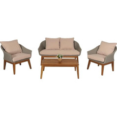 Mendler HWC-N37 Garden / Lounge Set Sofa Seating Set, Poly-Rattan Wood Acacia - Grey, Cushion Beige