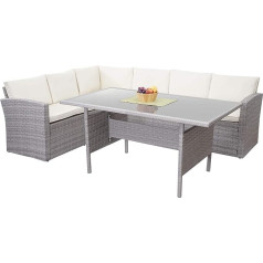 Mendler HWC-A29 Poly Rattan Garden Furniture Set Lounge Dining Table Set Sofa Light Grey Cushion Cream