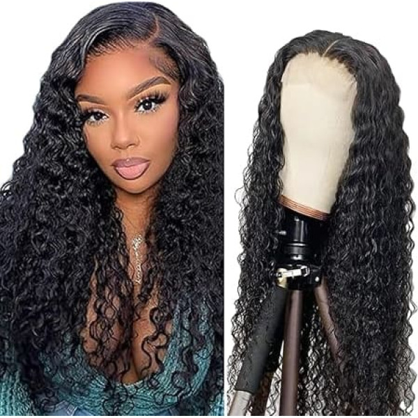 Kinky Curly Wave Human Hair Wig, 5 x 5 HD Frontal Lace Wig, Real Hair Wig, 150% Density, Unprocessed Brazilian Virgin Hair, #1B Natural Black, No Tangle, No Smell for Women, 18 Inches