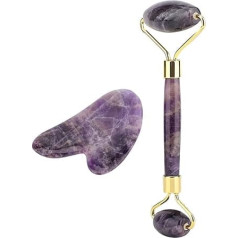 Quartz Jade Roller Amethyst Double Head Jade Stone Roller & Guasha Scrapping Plate, Face Massage Tool Kit for Skin Care, Natural Quartz Jade Roller