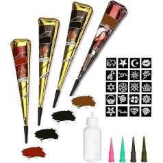 Temporary Tattoos Kit, 4 Pieces Semi Permanent Tattoo Paste Cone, India Body DIY Art Painting for Women, Men, Children, Summer Trend Freehand Plaste with 3 Colours, 20 Pieces Adhesive Stencil, 1 x