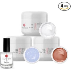Set UV Gels for Nails, 1 x 1-Phase UV Gel 15 ml + 1 French White UV Gel + 1 Camouflage Gel 15 ml + 1 Primer 15 ml