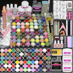 Phoenixy Acrylic Nail Set, 78 in 1 Acrylic Powder and Glitter Powder Pink Transparent White Powder for Beginners Professional Nail Extension Kit for Artificial Nails Acrylic Kit