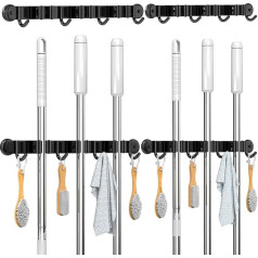 3-H Pack of 2 Magnetic Broom Holder, Broom Holder Wall, Stainless Steel Tool Holder, 3 Holders and 4 Hooks, Broom Wall Mount, Garden Tool Holder for Home, Garden, Balcony, (Black)