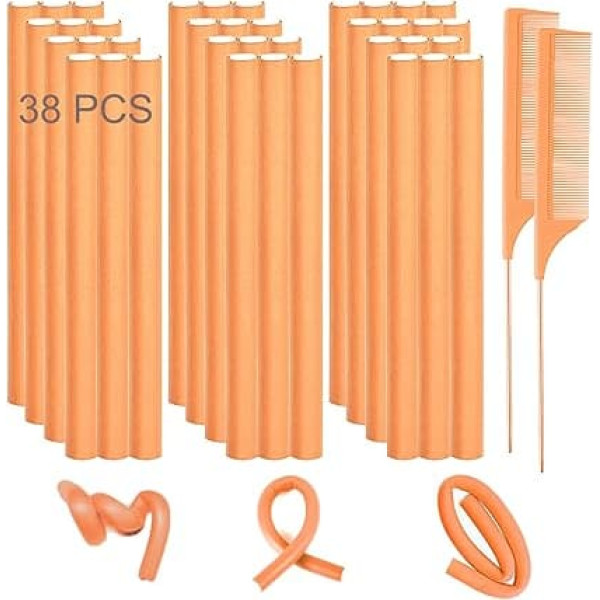 Flexible Hair Rollers 38 Pieces 24cm Soft Foam Twist Sticks for Long Hair No Heat Overnight Curls & 2 Steel Combs